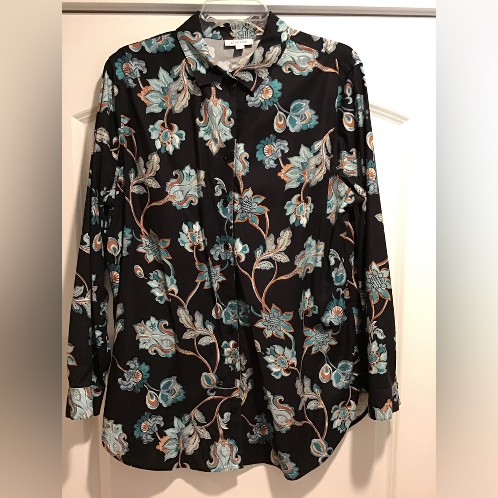 Chico's Black and Teal Floral Blouse